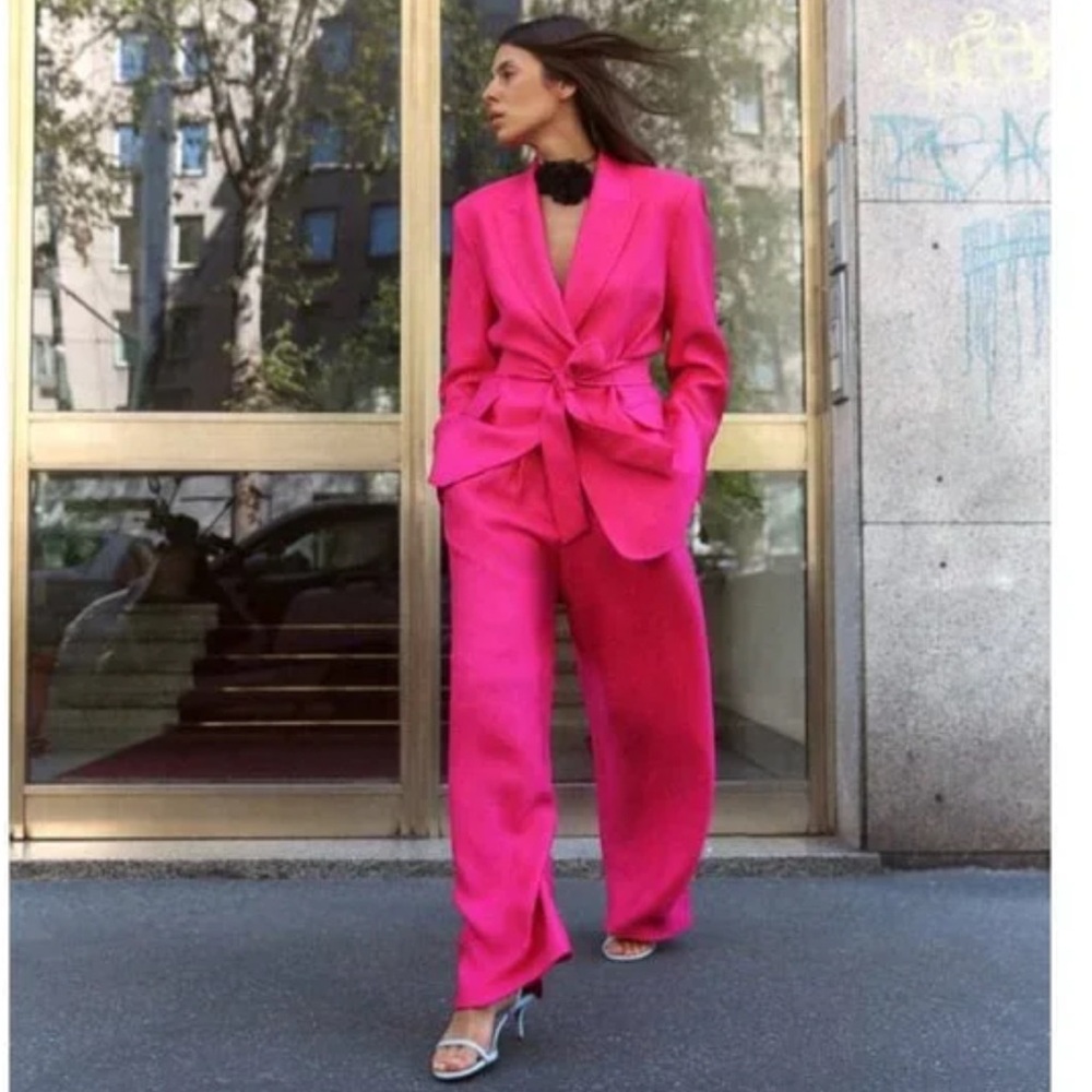 Zara metallic sheen crinkle effect lightweight wide-leg pink pants trousers sz.S - Picture 3 of 16